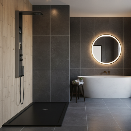 Panel de Duș Gun Metal – Design Minimalist cu Duș Fix, Rafturi Integrate și Duș de Mână