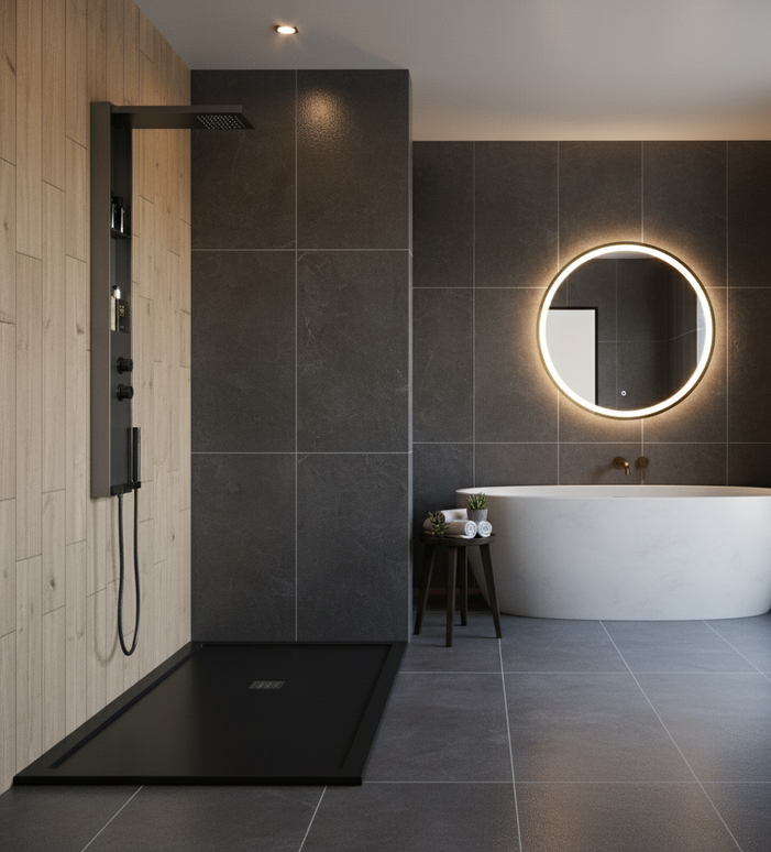 Panel de Duș Gun Metal – Design Minimalist cu Duș Fix, Rafturi Integrate și Duș de Mână