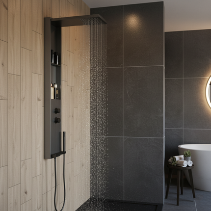 Panel de Duș Gun Metal – Design Minimalist cu Duș Fix, Rafturi Integrate și Duș de Mână