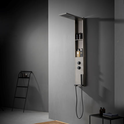 Panel de Duș Gun Metal – Design Minimalist cu Duș Fix, Rafturi Integrate și Duș de Mână