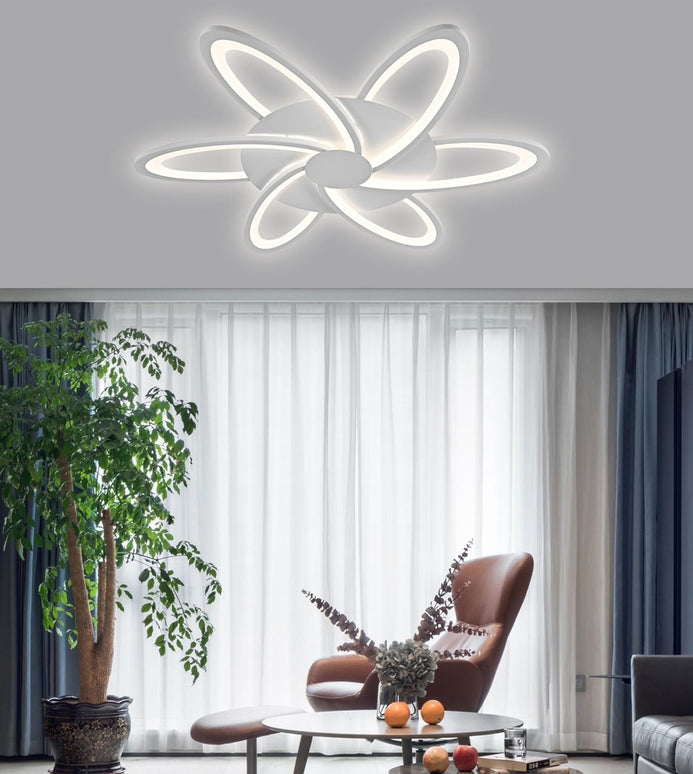 Lustra LED Minimalist Flower G3818/6, cu telecomanda, 144W, 6000lm, alb, cu trei tipuri de lumina