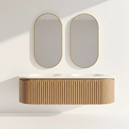 Set Mobilier Baie Dublu din Lemn cu Două Lavoare & Oglinzi LED – Design Premium