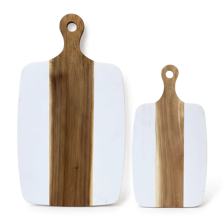 Tocător din lemn de acacia și marmură albă, 35×18 cm, design modern