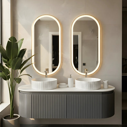 Set Mobilier baie suspendat dublu cu lavoare și oglinzi LED – Design modern, 150 cm