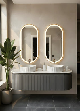 Set Mobilier baie suspendat dublu cu lavoare și oglinzi LED – Design modern, 150 cm