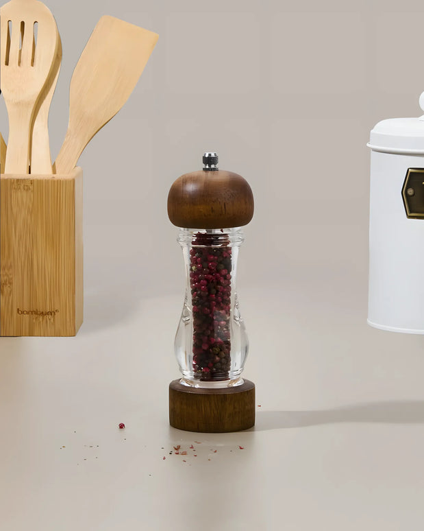 Râșniță piper din lemn și acril, mecanism reglabil, 19×6 cm