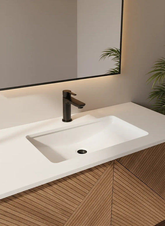 Set Mobilier Baie din Lemn cu Design Geometric & Oglindă LED – Model Premium