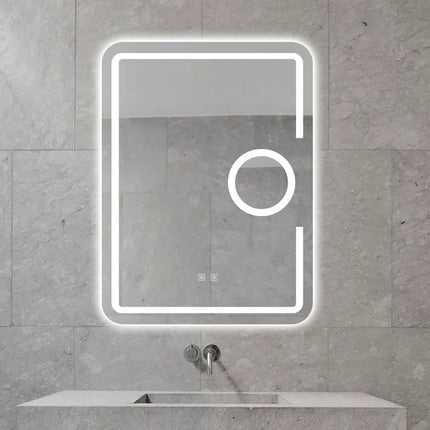 Oglindă baie LED 60x80 cm dreptunghiulară cu lupă cosmetică, 3 nuanțe de lumină, dezaburire și touch control J-1041