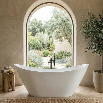 Cadă freestanding din acril alb lucios Vela, design oval cu margini subțiri 170 cm