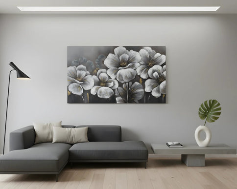 Tablou floral gri cu accente aurii – 70×140 cm | Olivy