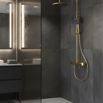 Set duș 2 funcții – finisaj auriu periat, design modern din oțel inoxidabil