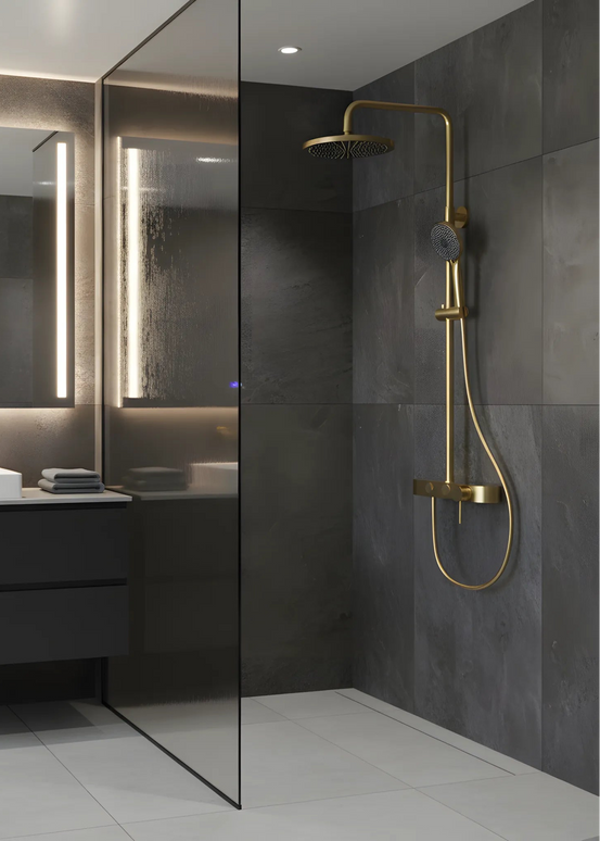 Set duș 2 funcții – finisaj auriu periat, design modern din oțel inoxidabil