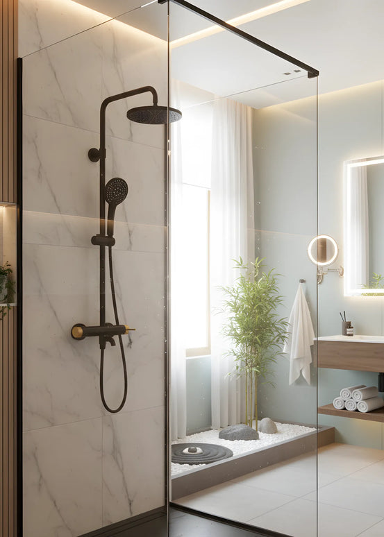 Set duș Royal Black & Gold – design modern cu cioc de cadă și comenzi texturate