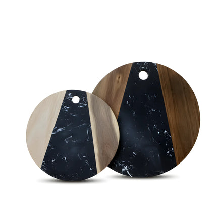 Tocător rotund din lemn de acacia și marmură neagră, Ø25 cm, Olivy