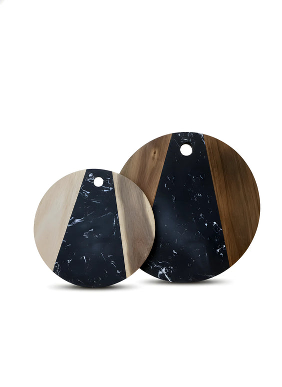 Tocător rotund din lemn de acacia și marmură neagră, Ø25 cm, Olivy