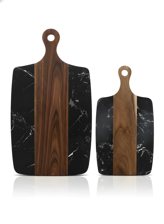 Tocător din lemn de acacia și marmură neagră, 40×20 cm, design modern, Olivy