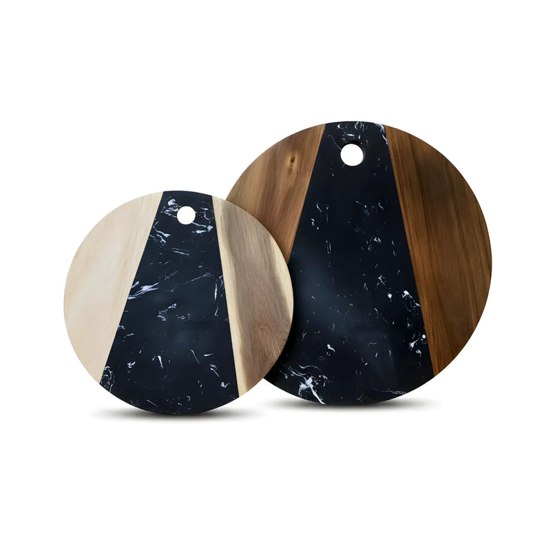 Tocător rotund din lemn de acacia și marmură neagră, Ø30 cm