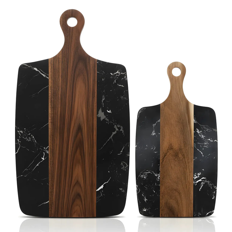 Tocător din lemn de acacia și marmură neagră, 40×20 cm, design modern