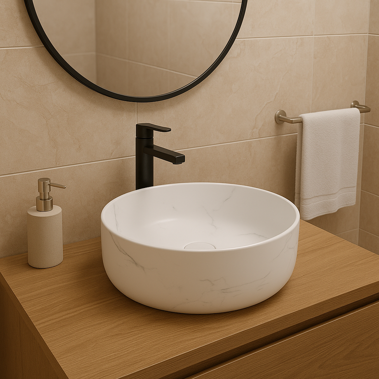 Lavoar Rotund Alb  din Ceramică cu Finisaj Marble Subtil - a712-cugo04-m