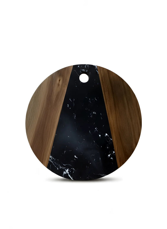 Tocător rotund din lemn de acacia și marmură neagră, Ø30 cm, Olivy