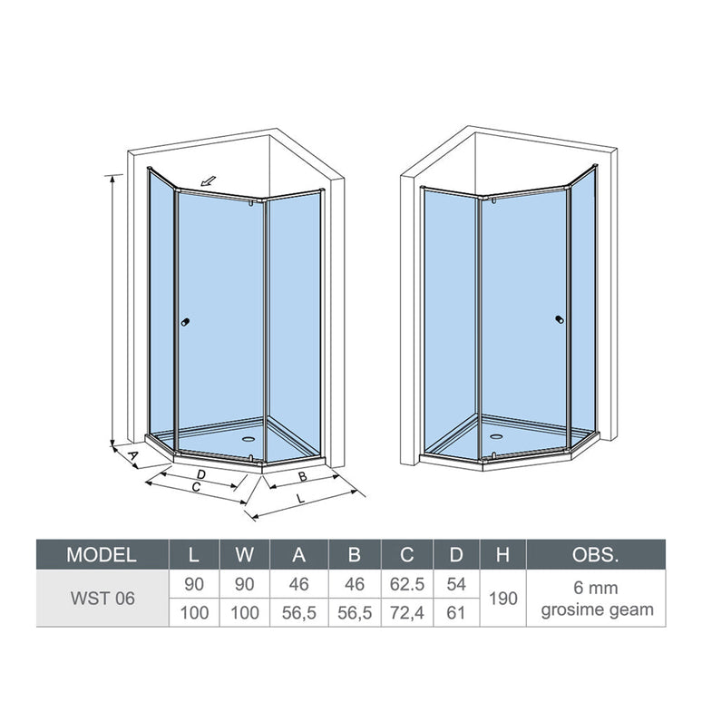 Cabină de duș pentagonală WST 06 Diana, profil cromat, sticlă transparentă, 6MM
