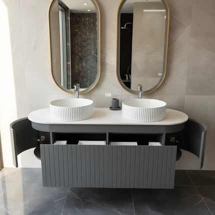 Set Mobilier baie suspendat dublu cu lavoare și oglinzi LED – Design modern, 150 cm