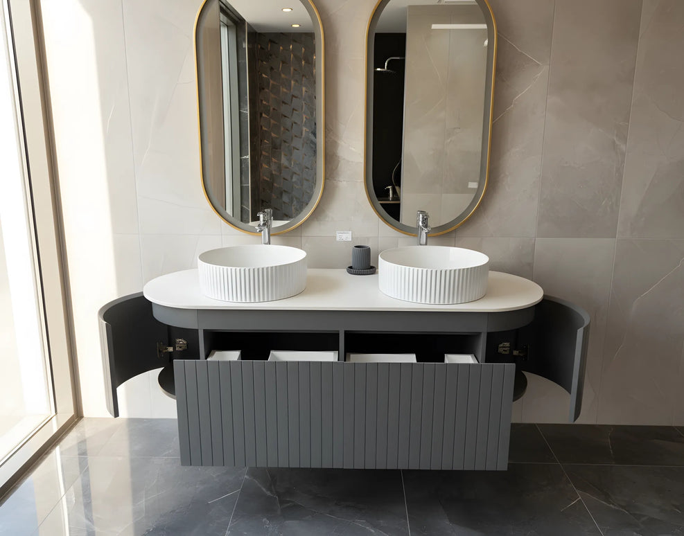 Set Mobilier baie suspendat dublu cu lavoare și oglinzi LED – Design modern, 150 cm