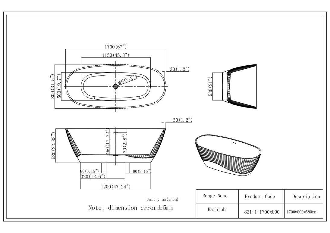 Cadă freestanding din acril Sia 821 Line