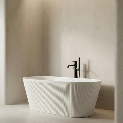 Cadă freestanding din acril alb lucios Nira, design oval cu textură verticală 170 cm