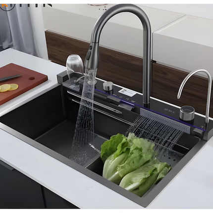 Chiuvetă multifuncțională cu accesorii, HMDF 7546 cu baterie digitală, Gri antracit www.olivy.ro