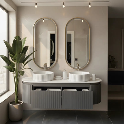 Set Mobilier baie suspendat dublu cu lavoare și oglinzi LED – Design modern, 150 cm