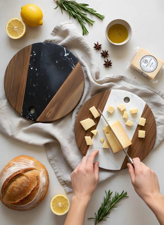 Tocător rotund din lemn de acacia și marmură neagră, Ø30 cm, Olivy