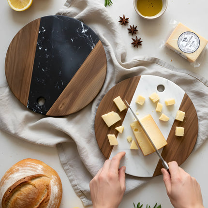 Tocător rotund din lemn de acacia și marmură albă, Ø25 cm, Olivy