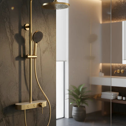 Set duș 2 funcții – finisaj auriu periat, design modern din oțel inoxidabil