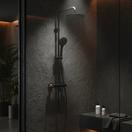 Set duș Royal Black & Gold – design modern cu cioc de cadă și comenzi texturate