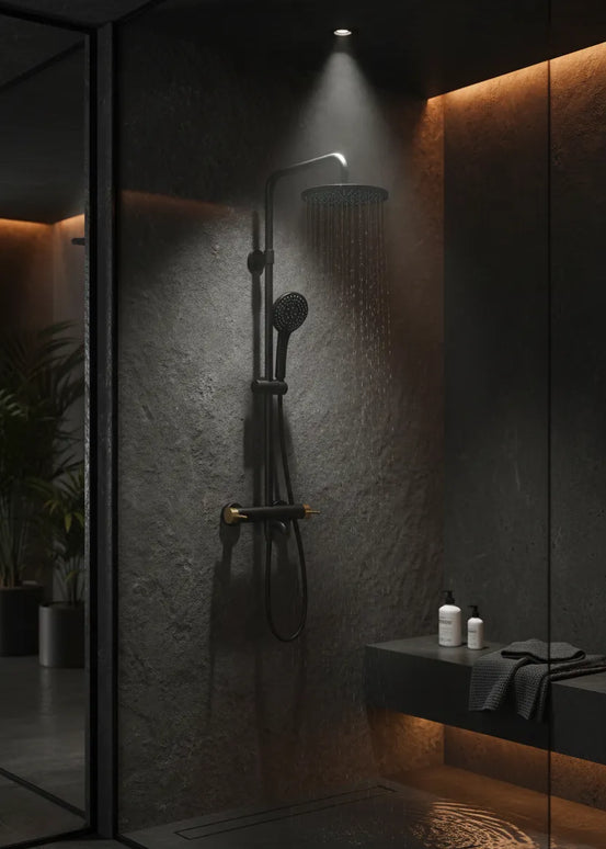 Set duș Royal Black & Gold – design modern cu cioc de cadă și comenzi texturate