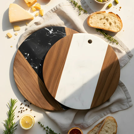 Tocător rotund din lemn de acacia și marmură neagră, Ø30 cm, Olivy