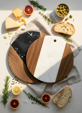 Tocător rotund din lemn de acacia și marmură albă, Ø25 cm, Olivy