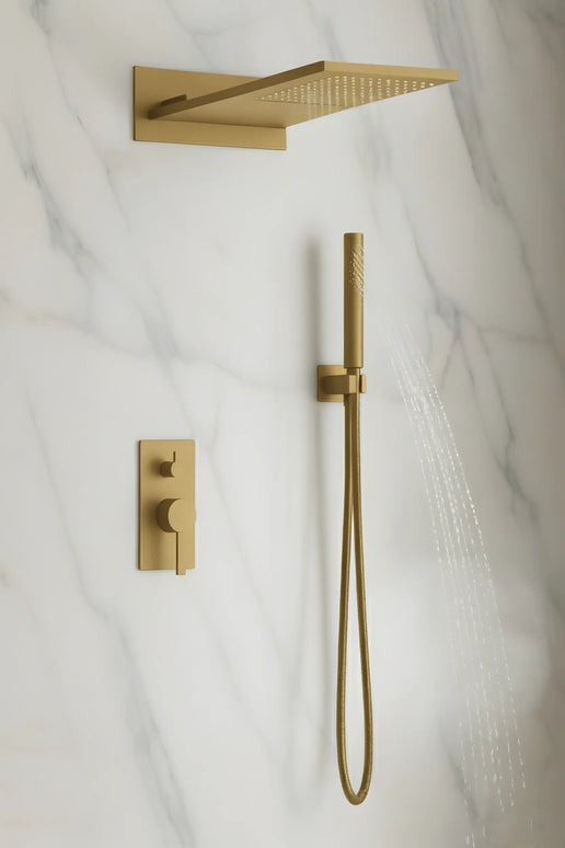 Set duș încastrat 2 funcții – finisaj auriu periat, design modern din alamă solidă