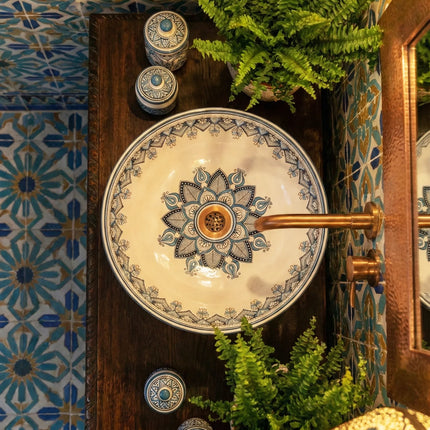 Lavoar ceramic rotund A435-D – design decorativ artistic albastru și alb lucios