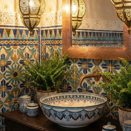 Lavoar ceramic rotund A435-D – design decorativ artistic albastru și alb lucios