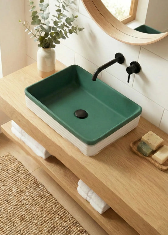 Lavoar ceramic dreptunghiular A442L-CA39M – design modern verde mat și alb mat