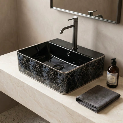 Lavoar ceramic dreptunghiular A449-KS264CBK – design modern alb și negru mat decorat