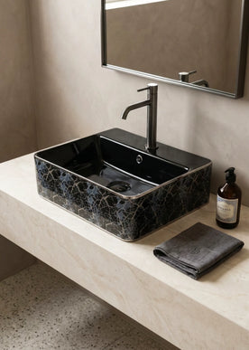 Lavoar ceramic dreptunghiular A449-KS264CBK – design modern alb și negru mat decorat