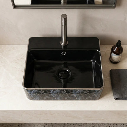 Lavoar ceramic dreptunghiular A449-KS264CBK – design modern alb și negru mat decorat