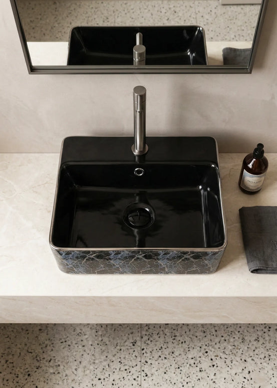Lavoar ceramic dreptunghiular A449-KS264CBK – design modern alb și negru mat decorat