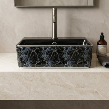 Lavoar ceramic dreptunghiular A449-KS264CBK – design modern alb și negru mat decorat