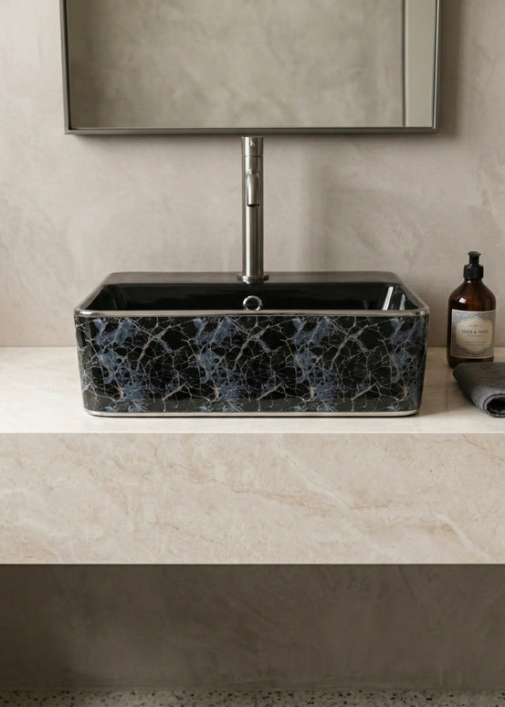 Lavoar ceramic dreptunghiular A449-KS264CBK – design modern alb și negru mat decorat
