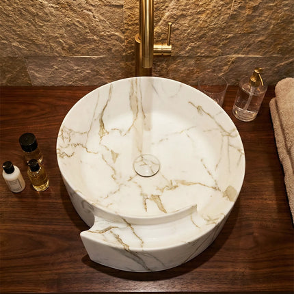 Lavoar rotund ceramic A494-P310-M – alb marmorat cu accente aurii