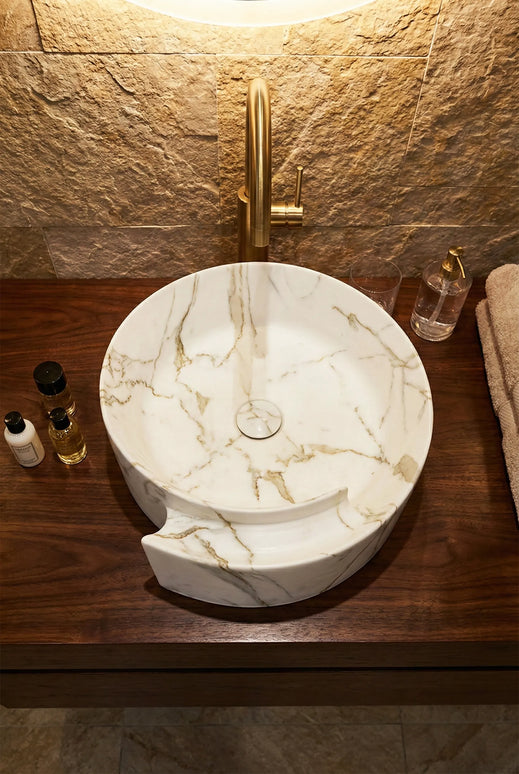 Lavoar rotund ceramic A494-P310-M – alb marmorat cu accente aurii